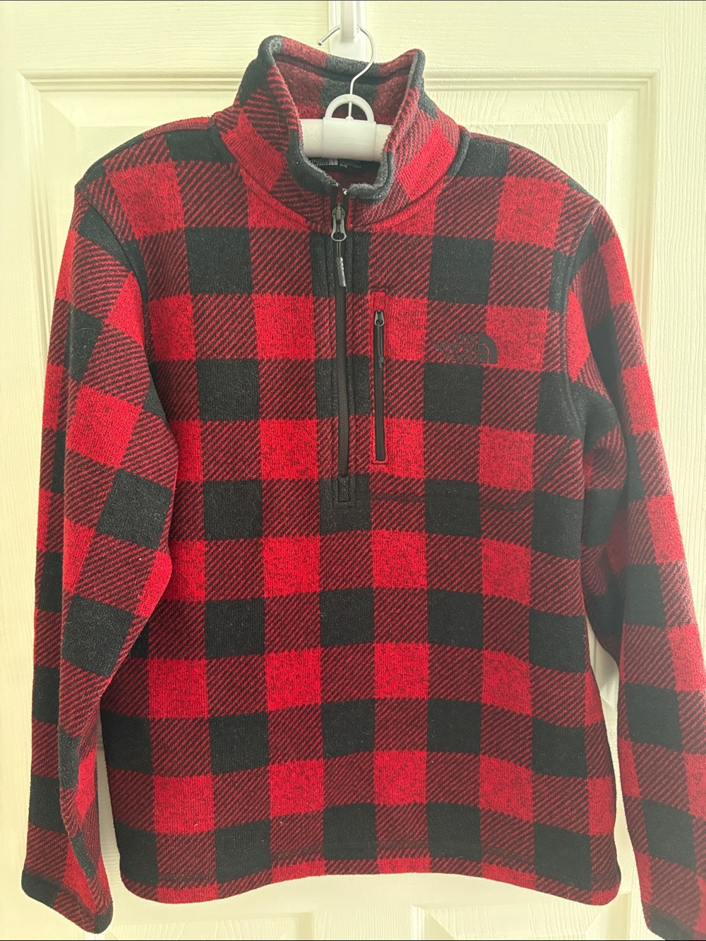 The North Face Men's Red and Black Buffalo Plaid Quarter-Zip Fleece